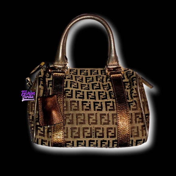 Fendi Zuchino Metallic Tobacco Brown Studded Gold Mini Forever Boston - Picture 13 of 13